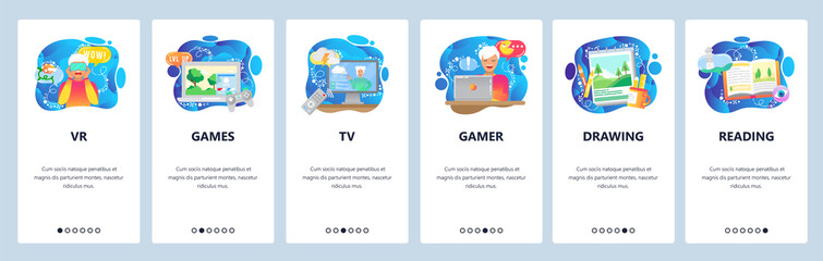 Mobile app onboarding screens. Hobby and leisure activities, computer games, watching tv, reading book, drawing. Vector banner template for website and mobile development. Web site illustration
