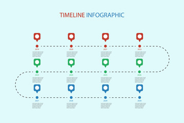 Dashed line timeline infographic template with 12 points. Can be used for business concept, presentation, web design, banners, diagram, workflow, timeline. Vector eps 10