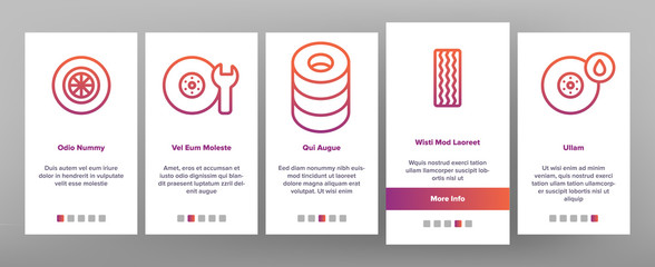 Tire Wheel Onboarding Mobile App Page Screen Vector Thin Line. Low Pressure, Equipment For Repair Tire And Break Concept Linear Pictograms. Car Service And Store Contour Illustrations