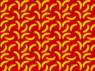  Seamless pattern of bananas on a red background. Print for fabric.