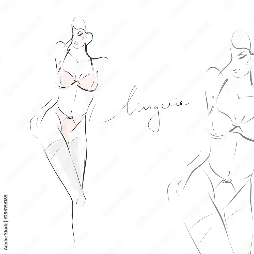 Wall mural young woman in lingerie. silhouette of slender female body. hand-drawn illustration. vector