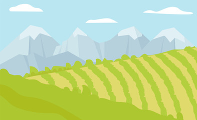 Obraz premium Vector illustration of summer fields. Flat landscape with a dawn, green hills, mountains, blue sky. Natural background.