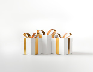 white square gift box and metallic golden bow-ribbon concept 3d rendering white background isolated