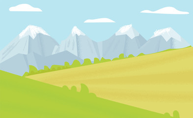 Vector illustration of  summer fields. Flat landscape background. Banner of the dawn, green hills, mountains.