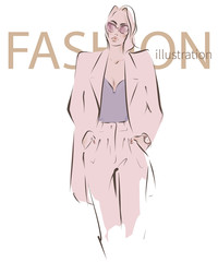Young beautiful woman, stylish girl in suit. Fashion illustration, sketch. Vector