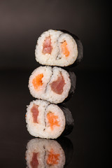 sushi rolls, traditional Japanese food (rice, nori and seafood) menu concept. food background. copy space. Top view