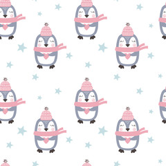 Seamless pattern with cute penguin. Vector