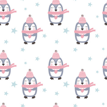 Seamless pattern with cute penguin. Vector