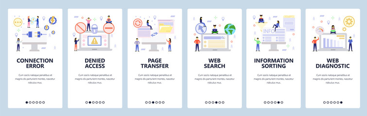 Mobile app onboarding screens. Connection plug, denied access, data sync, global search. Menu vector banner template for website and mobile development. Web site design flat illustration