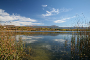 Lake among autumn mountains, Crimea, Russia.