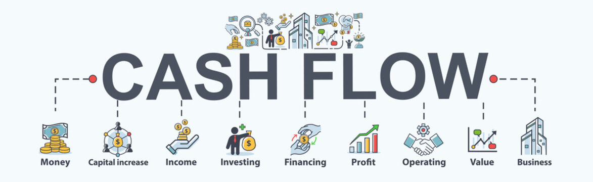 Cash flow banner web icon for business and financial, money, income, investing, operating, financing and profit. Flat cartoon vector infographic.