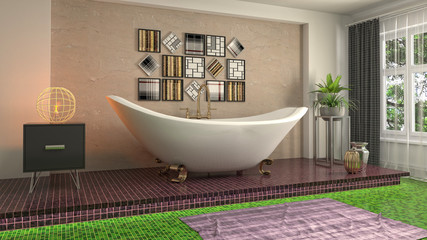 Naklejka na ściany i meble Bathroom interior. 3D illustration. Bath