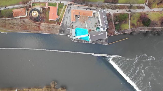 Beautiful Prague aerial view on river Vltava, flying over park Kampa and Petrin. Prague, Czechia by Drone. View from above to the city of Prague.