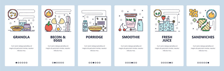 Mobile app onboarding screens. Morning breakfast and fast food, becon with eggs, porrige, smoothie and juice drink. Menu vector banner template website and mobile development. Web site illustration