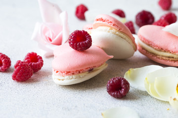 beautiful heart made of macaroons and raspberry. Valentines day consept. flat lay, top view. 
