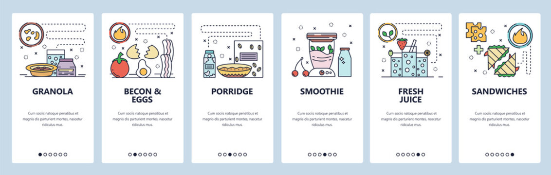 Mobile app onboarding screens. Morning breakfast and fast food, becon with eggs, porrige, smoothie and juice drink. Menu vector banner template website and mobile development. Web site illustration