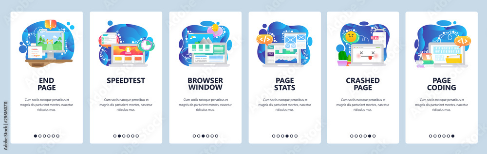 Poster mobile app onboarding screens. web development, coding, traffic monitoring, speedtest. menu vector b