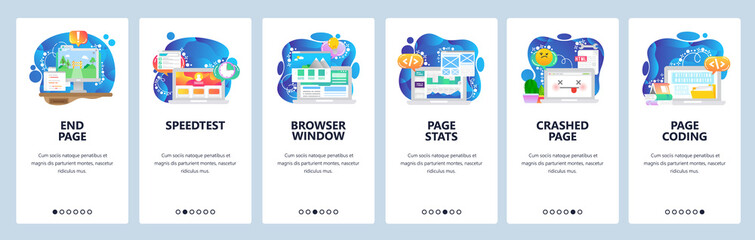 Mobile app onboarding screens. Web development, coding, traffic monitoring, speedtest. Menu vector banner template for website and mobile development. Site design flat illustration