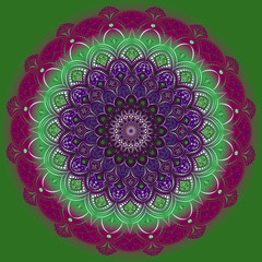 The pattern is round, green-purple. Madala with floral patterns, harmony and symmetry. Balanced color gamut.