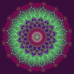 The pattern is round, green-purple. Madala with floral patterns, harmony and symmetry. Balanced color gamut.