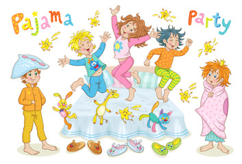 Pajama party. Funny children in pajamas play and jump on the bed. In cartoon style. Isolated on a white background. Vector illustration.