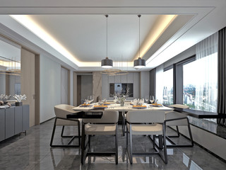 3d render. Modern living and dining room interior.