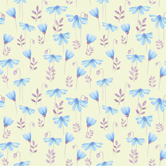 Fototapeta na wymiar Watercolor drawing.cute repeating pattern of simple wildflowers. Can be used in children's decor, textiles, packaging. Decorated in delicate blue and yellow tones.