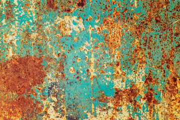 a sheet of metal was coated with paint then painted a different color. time destroyed the coating appeared rust. tectura. - obrazy, fototapety, plakaty