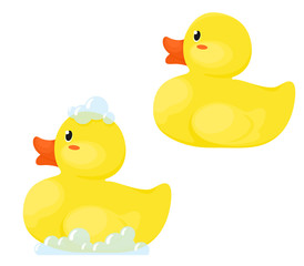 Rubber ducks in soapy foam and without foam. Vector isolates in cartoon flat style on a white background.