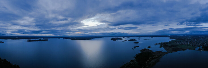 Panorama aerial of the island on the water.