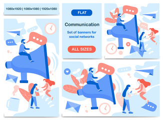 Set of banners for social networks. Template for creative flyer, post or presentation on the topic Communication..All sizes of posts for a social media: square, rectangle, story. Vector illustration.