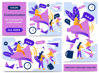 Set of banners for social networks. Template for creative flyer, post or presentation on the topic Communication..All sizes of posts for a social media: square, rectangle, story. Vector illustration.