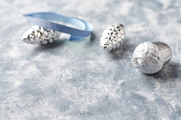 Christmas ornaments on rustic background. Close up. Copy space. 