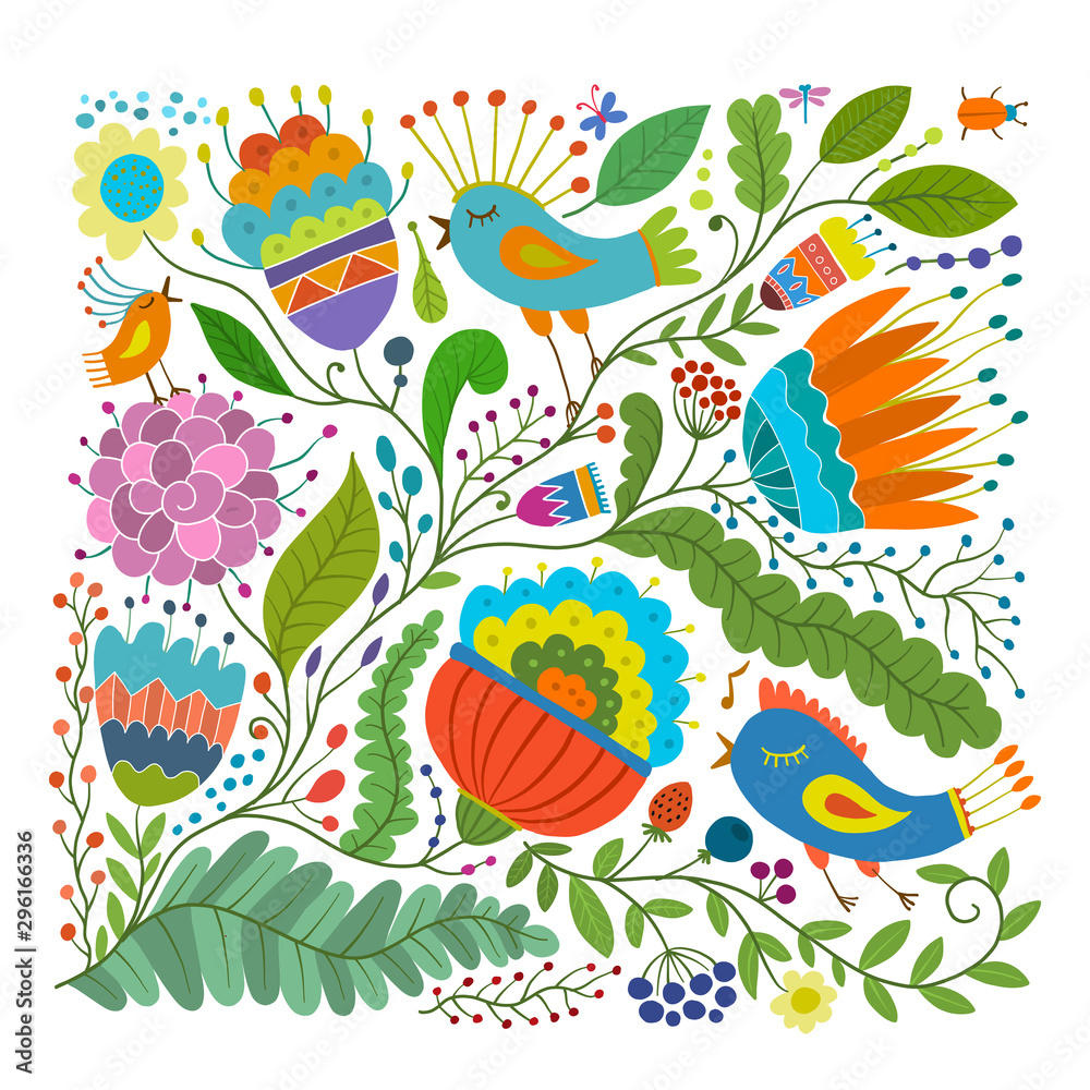 Poster magic forest with birds, background for your design