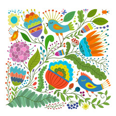 Magic forest with birds, background for your design