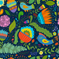 Magic forest with birds, seamless background for your design