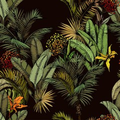 Seamless pattern with green tropical leaves and exotic flowers. Hand drawn vector illustration on black background. - obrazy, fototapety, plakaty