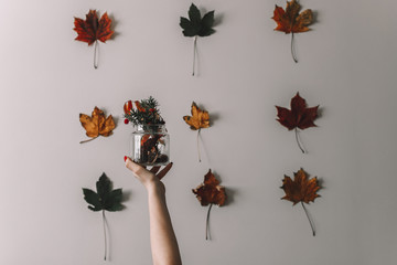 A woman's hand holds an autumn jar - a branch of spruce, chestnuts and a dry branch with leaves on the white background with red green yellow maple leaves on it in three rows of three  