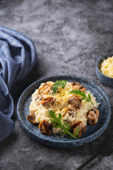 mushroom risotto on a plate, close-up, copy space