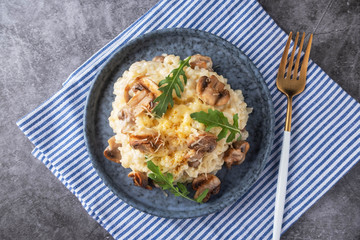 mushroom risotto on a plate, close-up, copy space