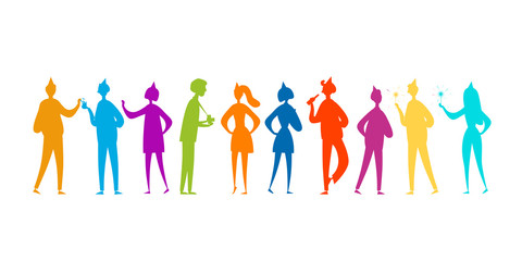 Student party with friends, boys and girls. Funny people characters. Silhouettes for your design