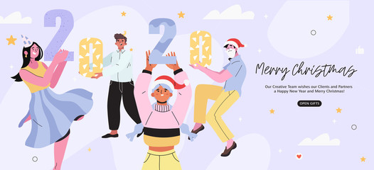 Merry Christmas and happy new year banner, flyer, landing page with smilling dancing people having fun and hold big numbers 2020. Group of coworkers at a corporate costume christmas party.