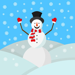 Cheerful snowman on the street in a snowdrift. Vector drawing. Background. Texture.
