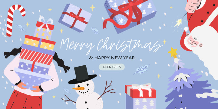 Merry Christmas and happy new year banner with Santa Claus, snowman, fir-tree and a woman holding a pile of presents in gift boxes. Creative banner, flyer, poster or landing page for web or blog post.
