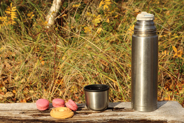 autumn picnic tea with cookies and macaroons