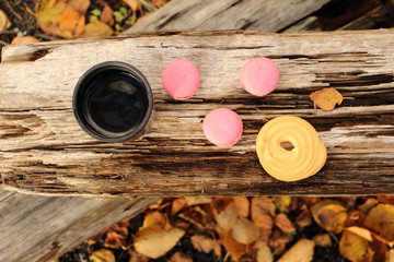 autumn picnic tea with cookies and macaroons