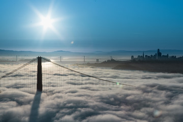 Aerial view of Golden Gate Bridge with Low Fog at Sunrise