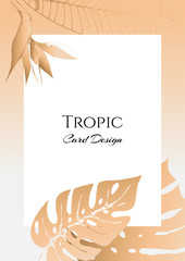 Tropical floral frame golden elegant design. Botanical composition for the design of wedding invitations. Exotic modern hand-drawn bouquet design with copy space. Botanical frame for design cards 