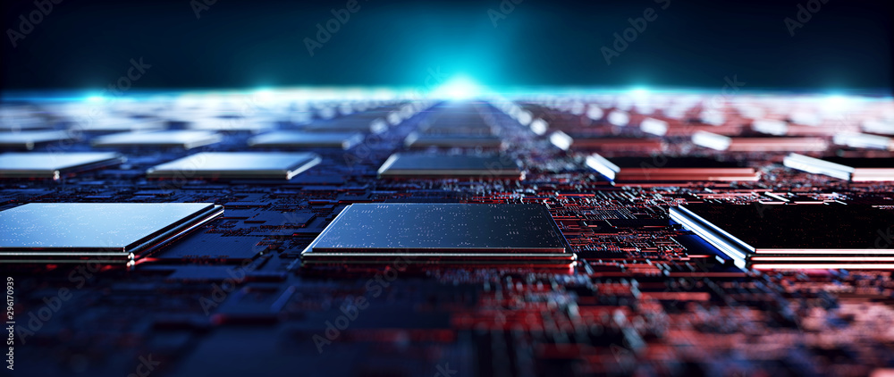 Poster Printed circuit board futuristic server/Circuit board futuristic server code processing. Orange,  green, blue technology background with bokeh