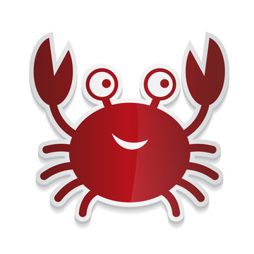 Vector sticker cartoon illustration of a cute smiling happy crab character, lifting up claws, isolated on white background.